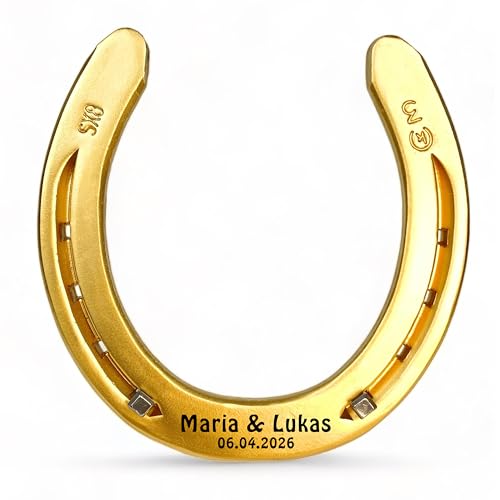 Hufeisen mit Wunschgravur aus schwerem Eisen, original Pferdehufeisen graviert, goldfarben lackiert, personalisiert Glückshufeisen für Hochzeit oder Einzug von gaak