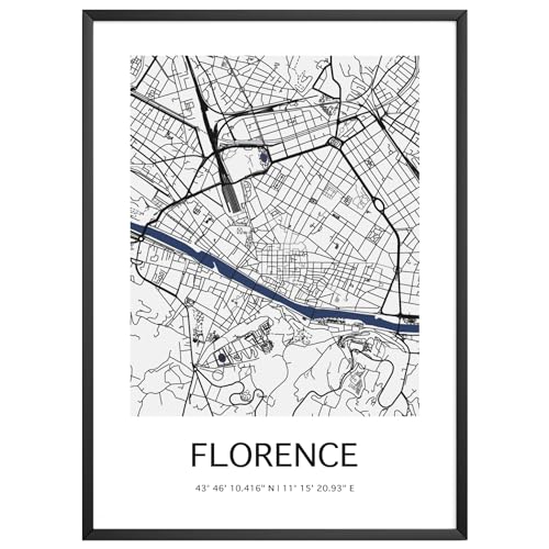 MJ-Graphics - Stadtkarte-Poster Florenz - Bild mit schöner Karte & Koordinaten | Wandbild Din A4 in Galerie Qualität mit extra dickem 300g Posterpapier - FineArt Kunstdruck ohne Bilderrahmen von generisch