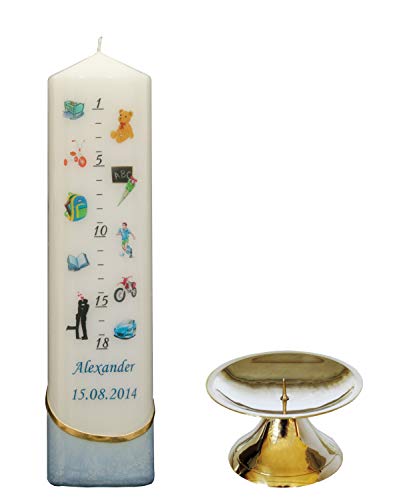 Lebenslicht/Geburtskerze/Geburtstagskerze - blau - ca. 60 x 240 mm - farbig getaucht - personalisiert mit indiv. Name und Datum - inkl. Kerzenständer aus Messing - Auswahl Farbe + Motiv #1 von generisch