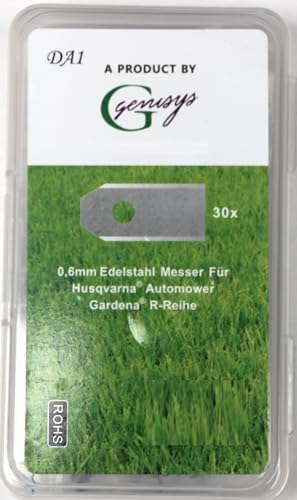 Genisys 30x Ersatz Messer Klingen kompatibel für Husqvarna Automower ® / Gardena Mähroboter (0,60 mm) + 30x ELOXIERTE Schrauben in der NEUEN wiederverschließbaren Hard-Box von Genisys