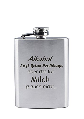 Edelstahl Flachmann mit Gravur - Alkohol löst Keine Probleme, Aber das TUT Milch ja auch Nicht... - Lustig - als Geschenk oder zu Weihnachten (190 ml) von geschenke-fabrik.de