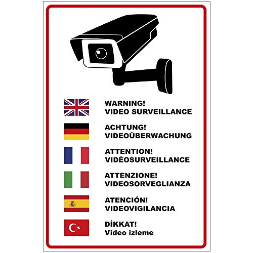 Schild "Achtung Videoüberwachung" in mehreren Sprachen aus PVC Hartschaum Platte 200x300 mm - 3 mm stark von geschenke-fabrik.de