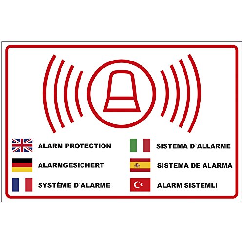 Schild "Alarmgesichert" in mehreren Sprachen aus PVC Hartschaum Platte 300x200 mm - 3 mm stark von geschenke-fabrik.de