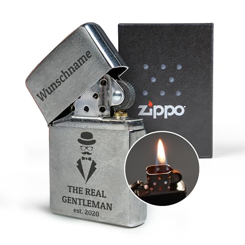 Zippo Feuerzeug mit Gravur – personalisiertes Geschenk mit Namen und Geburtsjahr selbst gestalten – Geschenkidee für Mann, Papa, Freund, Bruder zum Vatertag, Weihnachten & Geburtstag (Real Gentleman) von geschenke-fabrik.de