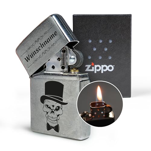 Zippo Feuerzeug mit Gravur – personalisiertes Geschenk mit Namen selbst gestalten – Geschenkidee für Mann, Papa, Freund, Bruder zum Vatertag, Weihnachten & Geburtstag (Totenkopf) von geschenke-fabrik.de