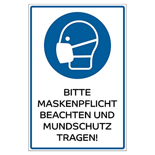 Hinweis-Schild 300x200 mm - Bitte Maskenpflicht beachten und Mundschutz tragen, aus Alu/Dibond 30x20 mm - 3 mm stark von geschenke-fabrik.de