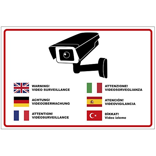 Schild Achtung Videoüberwachung in Mehreren Sprachen aus Alu/Dibond 300x200 mm - 3 mm stark von geschenke-fabrik.de