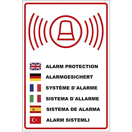 Schild Alarmgesichert in Mehreren Sprachen aus Alu/Dibond 200x300 mm - 3 mm stark von geschenke-fabrik.de