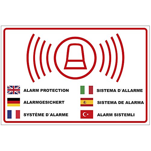 Schild Alarmgesichert in Mehreren Sprachen aus Alu/Dibond 300x200 mm - 3 mm stark von geschenke-fabrik.de