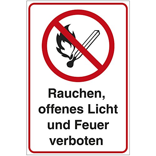 Schild Rauchen, offenes Licht und Feuer verboten. aus Alu/Dibond 140x200 mm - 3 mm stark von geschenke-fabrik.de
