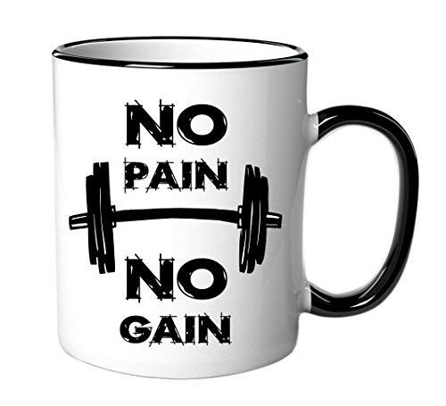 Tasse mit Spruch "No Pain No Gain" aus Keramik 330 ml - Fitness Geschenke Männer/Frauen - lustig von geschenke-fabrik.de