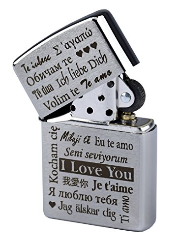 geschenke-fabrik.de Zippo mit Gravur I Love You/Ich Liebe Dich in Mehreren Sprachen auf Chrome Brushed Benzinfeuerzeug von geschenke-fabrik.de