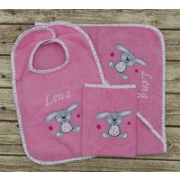 Babyhandtuch Mit Namen Hase Bubblegum Set Xl von geschenkelibelle