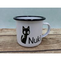 Emailletasse Mit Namen Doodle Katze Schwarz von geschenkelibelle