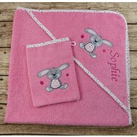 Kapuzenhandtuch Hase Bubblegum Mit Namen Im Set von geschenkelibelle