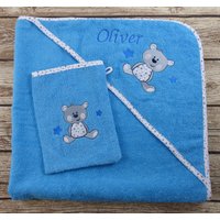 Kapuzenhandtuch Hund Türkis Mit Namen Im Set von geschenkelibelle