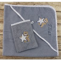 Kapuzenhandtuch Mit Namen Teddy Grau Im Set von geschenkelibelle