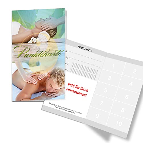 100 Punktekarten/Abokarten mit 10 Feldern, für Massage Massagepraxis Massageinstitut. Praktisches Scheckkartenformat. Außenseiten glänzend. MA454 von geschenkgutschein.com
