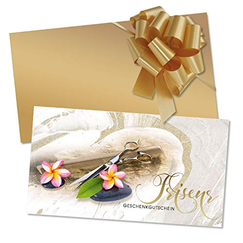 GESCHENKGUTSCHEINcom 25 Stk. Gutscheine mit Kuvert und Schleife. Gutscheinkarten-Vordrucke für Haarstudios Coiffeure Friseurbedarf. K1202 von GESCHENKGUTSCHEINcom by POS-HAUER