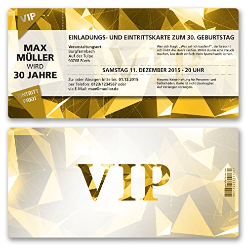 (10 x) Einladungskarten Geburtstag VIP Party Edel Gold Ticket Karte Einladungen von gestaltenlassen.com