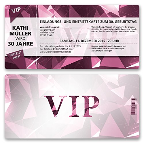 (10 x) Einladungskarten Geburtstag VIP Party Edel Pink Lila Ticket Einladungen von gestaltenlassen.com