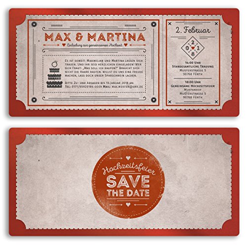 (40 x) Hochzeitseinladungen Vintage Retro Ticket Look Rot Einladungskarten Hochzeit von gestaltenlassen.com
