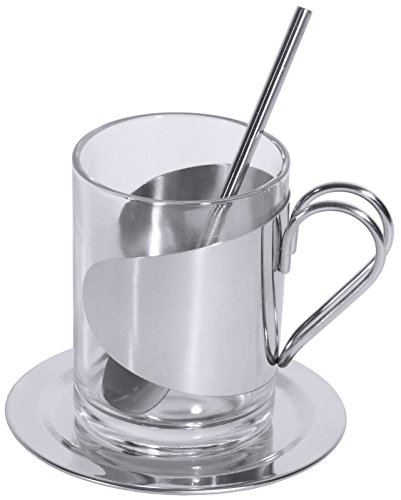 Teeglas-Set mit 0,15 l-Glas, Halter und Löffel aus Edelstahl 18/10, Untersatz aus Edelstahl 18/0 / Inhalt: 0,15 l, Höhe: 8,5 cm | ERK von getgastro