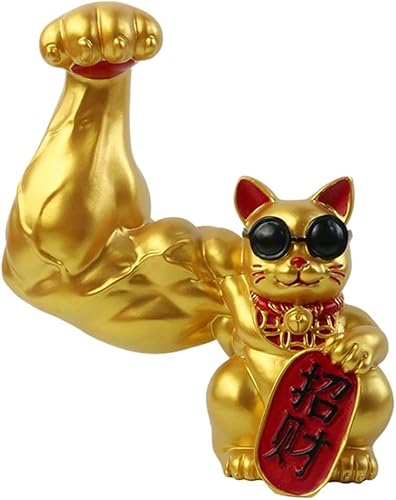 Glückskatzenstatue, winkende Arme, riesige Handmuskeln, die Reichtum und Glück bringen, für Heimbüro-Dekorationen, Kunstharz, Goldfarben von getuse