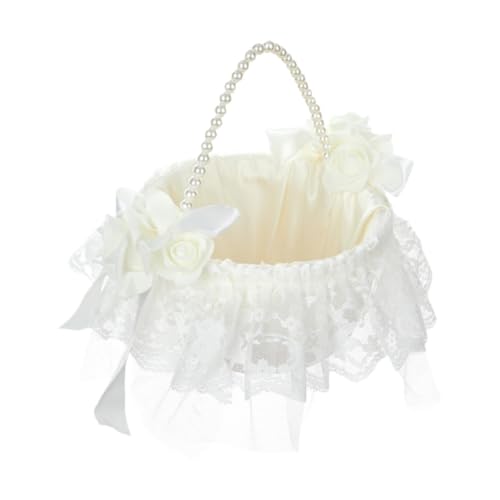 getuse Hochzeitskorb Kleine Blumenbox mit Perlengriff – Elegante weiße Brautjungfer-Spitzenbox für Blumenmädchen, Gartenfeiern und Brautgeschenk (16 x 20 cm) von getuse