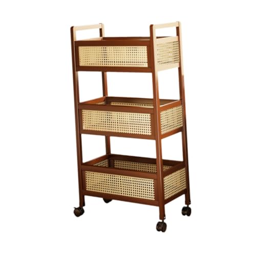 getuse Rollwagen aus Massivholz mit 3 Ebenen, 50 x 26 x 93 cm, mobiler Aufbewahrungs-Organizer mit feststellbaren Rädern und Körben, Mehrzweckwagen für mehrere Räume von getuse