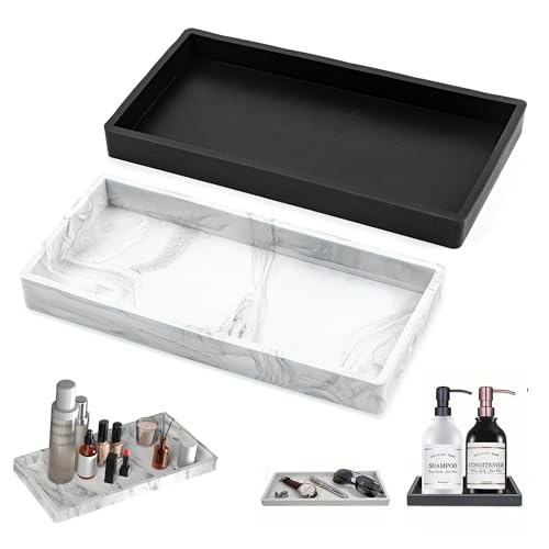 2 Stück Badezimmer Tablett Badezimmer Deko Tablett Rechteckig Silikon Ablageschale Schminktisch Deko, Tabletts FüR Badewanne, Küche, Toilette, 20 X 10cm (Marmor+Schwarz von gexuamz