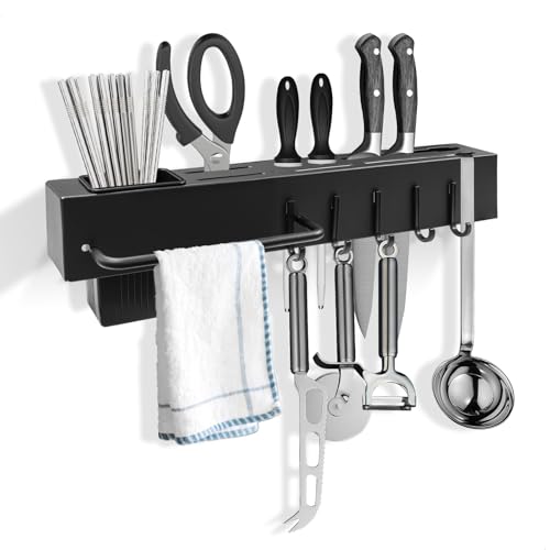 Gexuamz Messerhalter 40 cm, Messerleiste aus Edelstahl mit 6 Haken und Handtuchhalter, Selbstklebend Kein Bohren, Für Küchenmesser, Gabeln, Löffel, Besteck, Kochutensilien, Küchenaufbewahrung, Schwarz von gexuamz