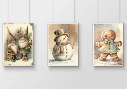 Set mit 3 weihnachtlichen Druckbildern, Poster, Gonk, Schneemann, Lebkuchenmann, Herz, A4, ungerahmt, Shabby Chic, Landvase, Wandkunst, Heimdekoration, Dekoration von gfc