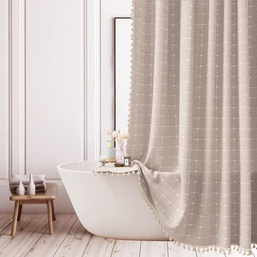 Farmhouse Brown Shower Curtain - Boho Modern Linen Fabric Shower Curtains for Bathroom, Chic Cute Cottagecore Thick Bathroom Curtain Set with Tassel - Bohemian Cloth Shower Curtain Extra Long 72x96 von ggaimwf