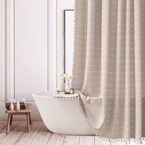 Farmhouse Brown Shower Curtain - Boho Modern Linen Fabric Shower Curtains for Bathroom, Chic Cute Wrinkle Free Thick Bathroom Curtain Set with Tassel - Bohemian Cloth Shower Curtain Long 72x72, Tan von ggaimwf
