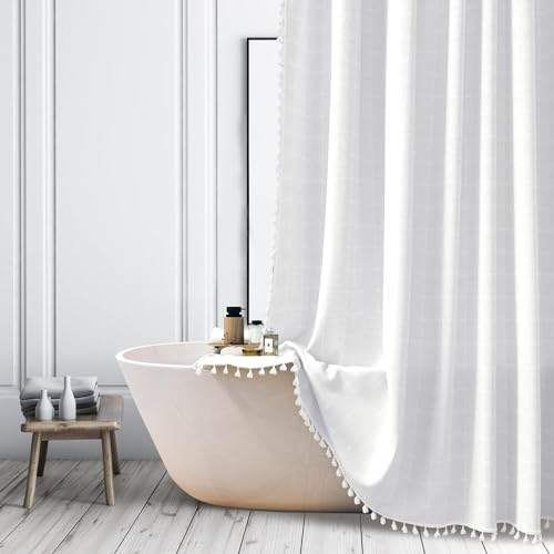 Farmhouse White Stall Duschvorhang – Boho moderne Duschvorhänge aus Leinenstoff für Badezimmer, kleines Wohnmobil-Halbbadezimmer-Vorhang-Set mit Quaste – Stoff-Duschvorhang 90 x 180 cm mit Haken von ggaimwf