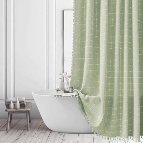 Sage Green Extra Long Shower Curtain - Farmhouse Boho Modern Linen Fabric Shower Curtains for Bathroom, French Country Thick Textured Bathroom Curtain Set with Tassel - Cloth Shower Curtain 183x243cm von ggaimwf