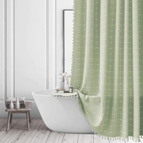 Sage Green Shower Curtain - Farmhouse Boho Modern Linen Fabric Shower Curtains for Bathroom, Thick Textured Bathroom Curtain Set with Tassel - Bohemian Cloth Shower Curtain Extra Long 72x84 inch von ggaimwf