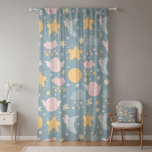ggaimwf 107x160cm Cartoon-Wolken Kindervorhang für Kinderzimmer Süß Mond Sterne Grauer Himmel Lichtfilterung Raumteiler Fenstervorhänge für Jungen Mädchen Spielzimmer Wohnzimmer,1-Einzelpaneel von ggaimwf