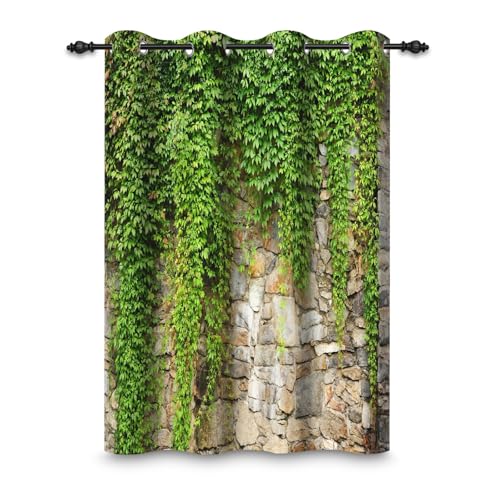 ggaimwf 107x215cm Ösenvorhang Cowboy Steinmauer Grüne Blätter Efeu Rustikal Vintage Bauernhaus Landhaus Raumteiler Verdunkelungsvorhänge Fenstervorhänge für Schlafzimmer Wohnzimmer,1-Einzelpaneel von ggaimwf