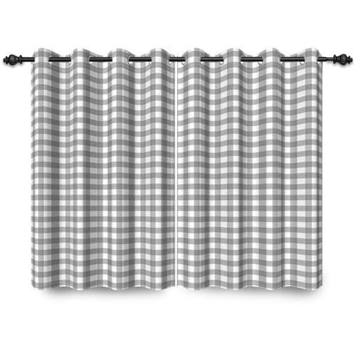 ggaimwf 117x138cm Plaid Ötenvorhang Buffalo Check Hellgrau und weiß Gingham Quadrate Muster Bauernhaus Privatsphäre Thermal Grommet Blackout Fenstervorhänge für Schlafzimmer Wohnzimmer,2 paneel von ggaimwf