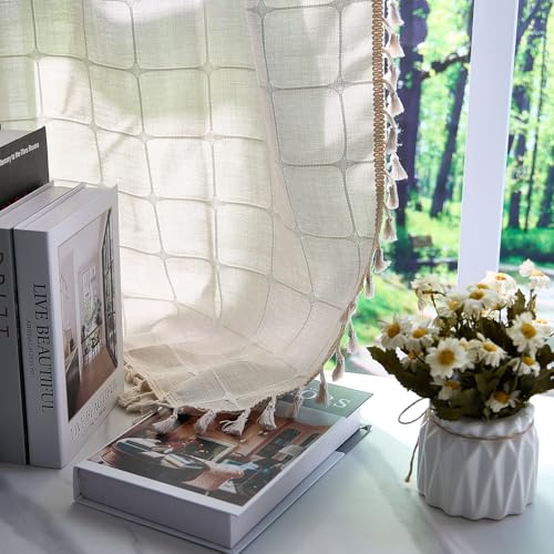ggaimwf 117x183cm Boho gestreifte Stangenpocket Pocket Vorhang mit QuasteBeige Kariert Bohemian Weich Polyester-Leinen Bauernhaus Halbtransparent Fenstervorhänge für Wohnzimmer Schlafzimmer,1 Panel von ggaimwf
