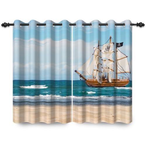 ggaimwf 117x183cm Ozean Meer Ösenvorhang Strand Welle Retro-Piratenschiff Meeresküste Naturlandschaft Urlaub Thermo Raumteiler Verdunkelung Fenstervorhänge für Schlafzimmer Wohnzimmer,2 paneel von ggaimwf