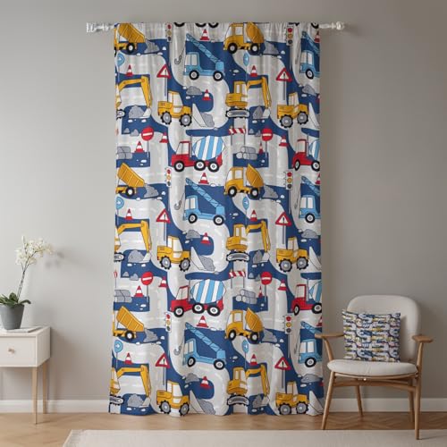 ggaimwf 117x229cm Cartoon Bauschild Vorhang für Kinderzimmer Bagger-LKW Transport Straße Lichtfilterung Raumteiler Fenstervorhänge für Jungen Mädchen Spielzimmer Wohnzimmer,1-Einzelpaneel von ggaimwf