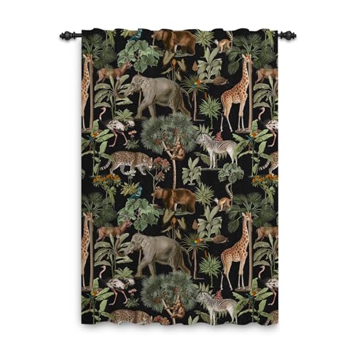 ggaimwf 132x214cm Safari Vorhang mit Stangentaschen für Kinderzimmer Elefant Giraffe Tier Regenwald Lichtfilterung Sichtschutz Bleistiftfalten Fenstervorhänge für Babyspielzimmer Raumteiler,1 Panel von ggaimwf
