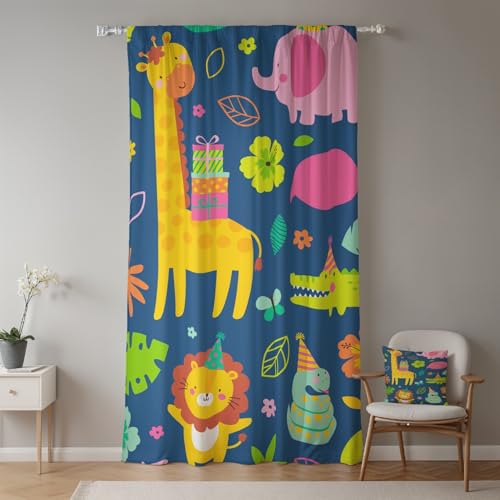 ggaimwf 135x175cm Cartoon-Safari KinderzimmervorhangBunt Wildtiere Süß Löwe Giraffe Geschenk Lichtfilterung Raumteiler Fenstervorhänge für Jungen Mädchen Spielzimmer Wohnzimmer,1-Einzelpaneel von ggaimwf