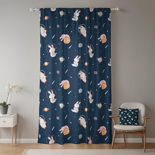 ggaimwf 135x175cm Cartoon-Tier Kindervorhang für Kinderzimmer Niedliches Kaninchen Astronaut Weltraumplaneten Lichtfilterung Fenstervorhänge in Leinenoptik für Spielzimmer Wohnzimmer,1-Einzelpaneel von ggaimwf