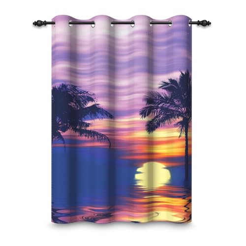 ggaimwf 135x229cm Ozean Meer Ösenvorhang Tropischer Strand Baum Lila Sonnenuntergang Naturlandschaft Urlaub Thermo Raumteiler Verdunkelung Fenstervorhänge für Schlafzimmer Wohnzimmer,1-Einzelpaneel von ggaimwf