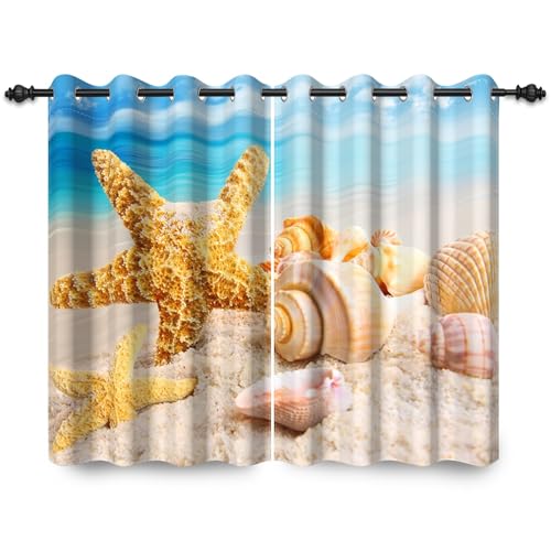 ggaimwf 135x229cm Ozean Ösenvorhang Strand Seestern Muschel Blau Ruhiges Meer Naturlandschaft Maritimes Raumteiler Verdunkelungsvorhänge Fenstervorhänge für Schlafzimmer Wohnzimmer,2 Panel von ggaimwf
