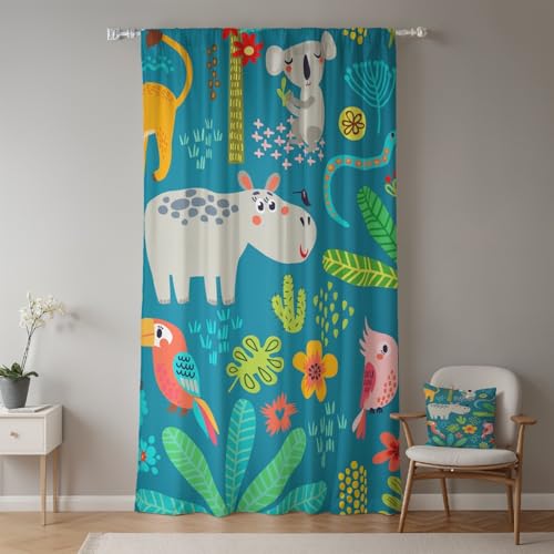 ggaimwf 135x245cm Cartoon-Safari KinderzimmervorhangBunt Wildtiere Nashorn Koala Blau Lichtfilterung Raumteiler Fenstervorhänge für Jungen Mädchen Spielzimmer Wohnzimmer,1-Einzelpaneel von ggaimwf